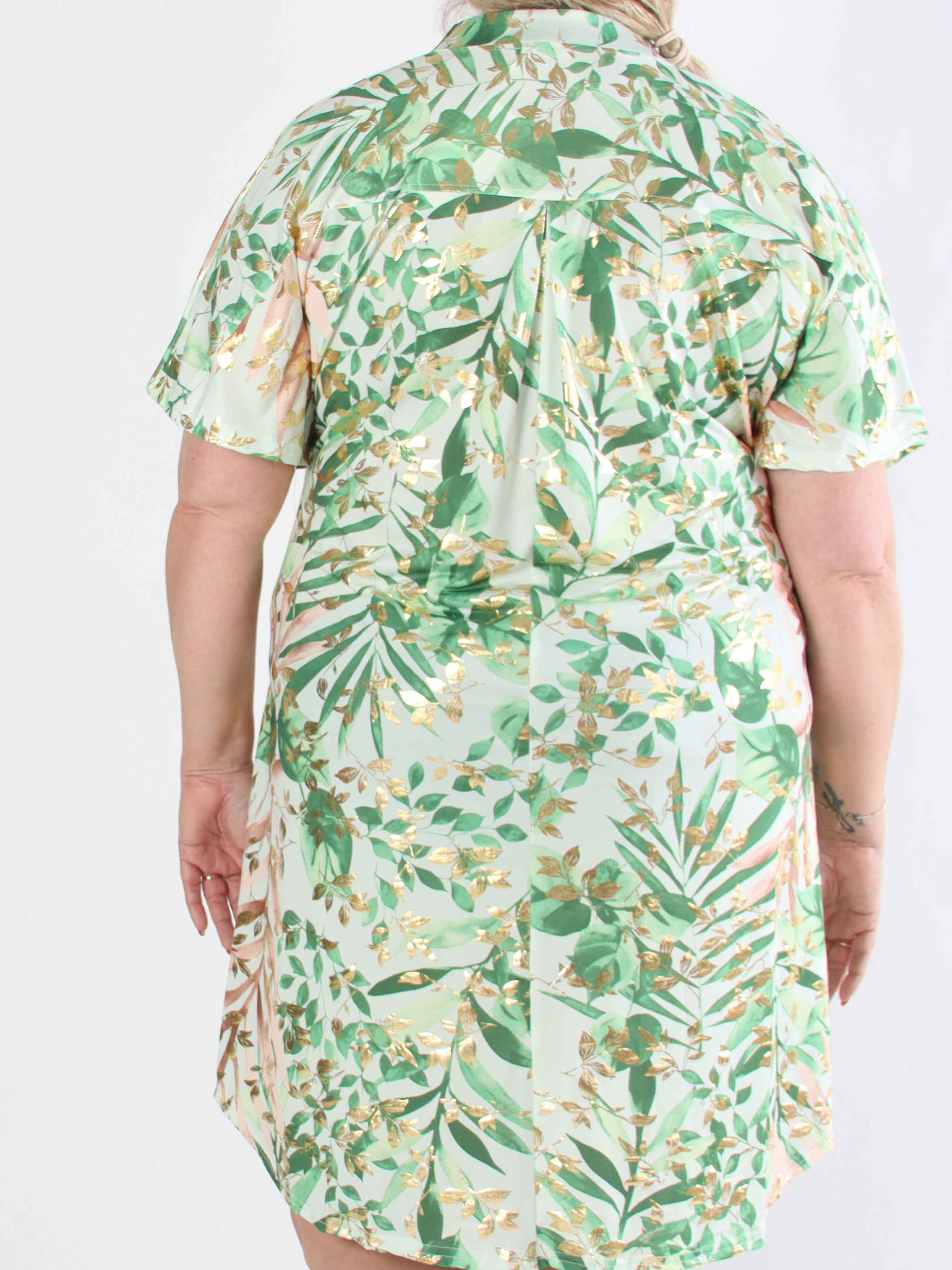 Ebba Gold Leaf Sleeveless - Plus size skjortklänning i stretchigt tyg med bladtryck